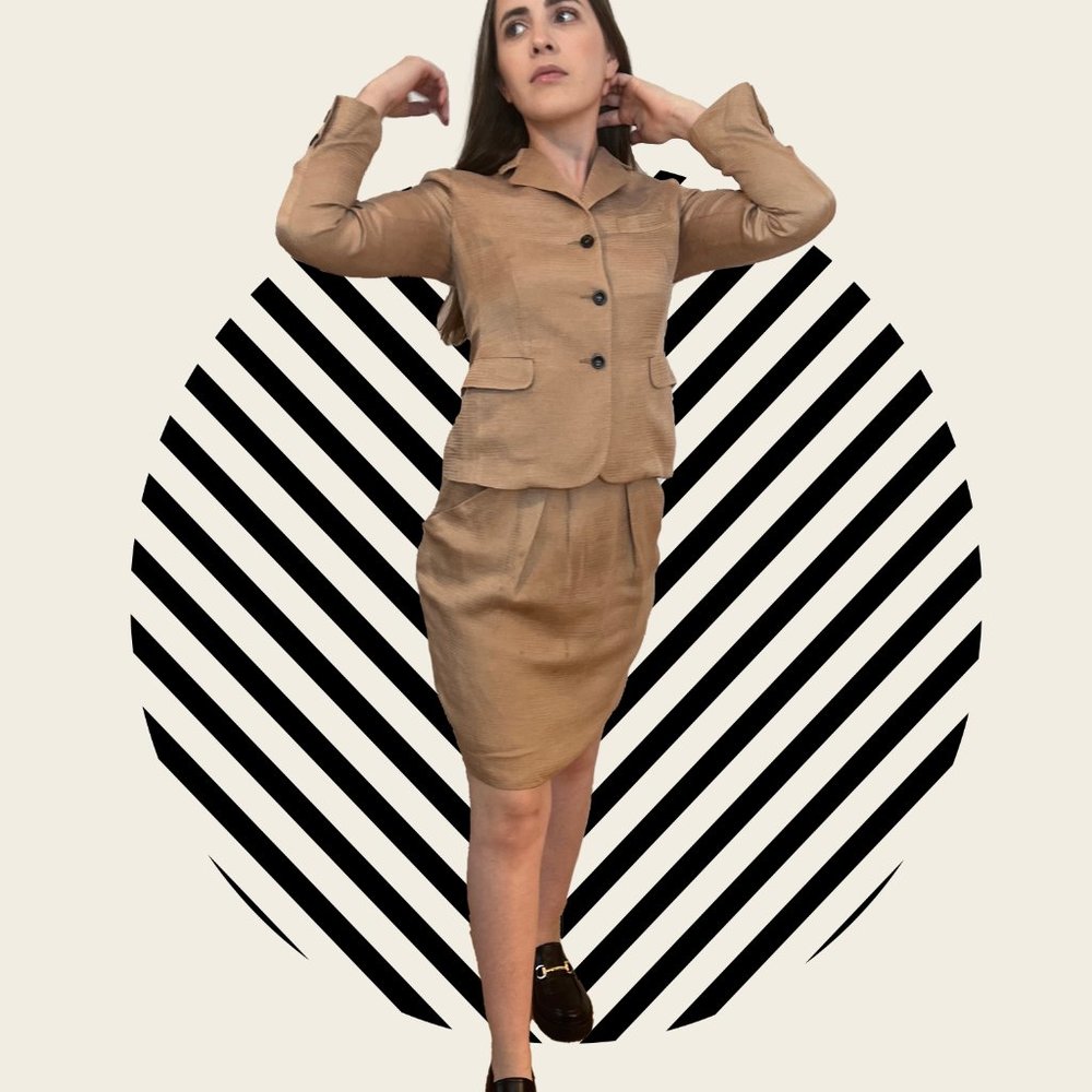 Skirt suit, single pleat slant pockets, huckabak linen fabric, MADE IN ITALY